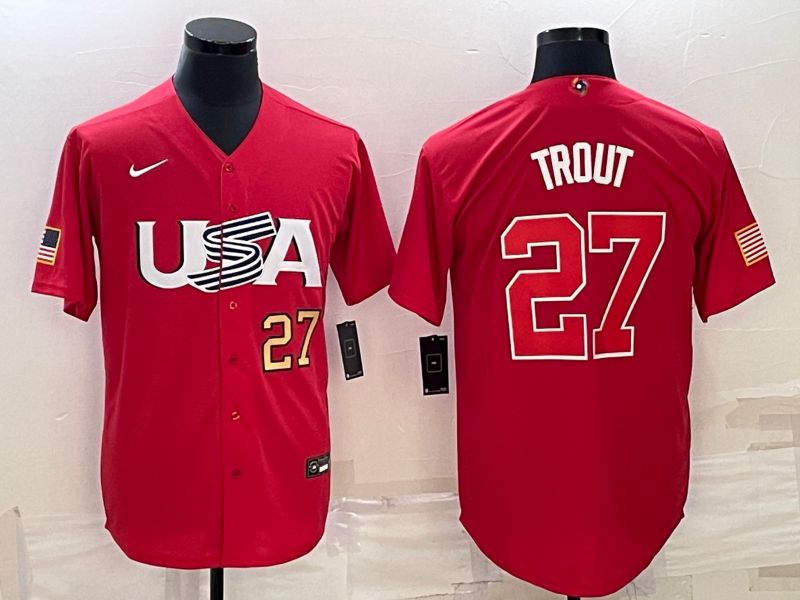 Men 2023 World Cub USA 27 Trout Red Nike MLB Jersey5